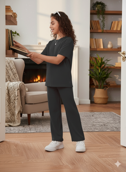 Girls T-shirt and Wide legs Pants Co-ords Set ( Black )