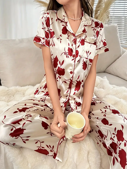 Red Floral Printed Pajama Set