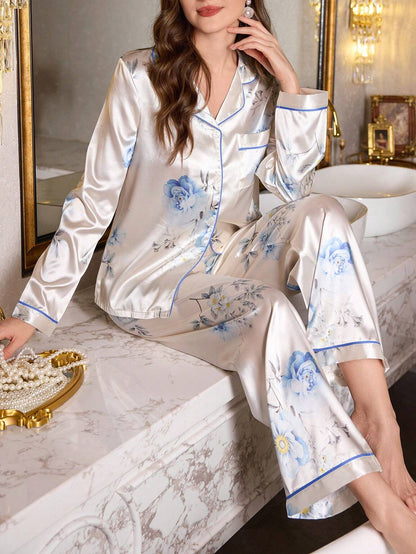 Blue Floral Printed Pajama Set