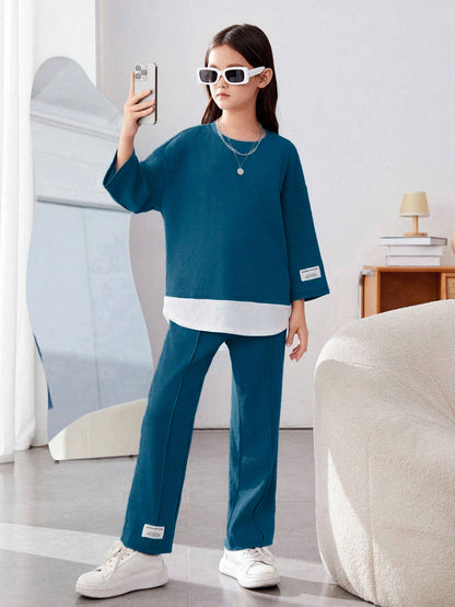Girls Modern Oversized and  Pant Set ( Navy Blue )