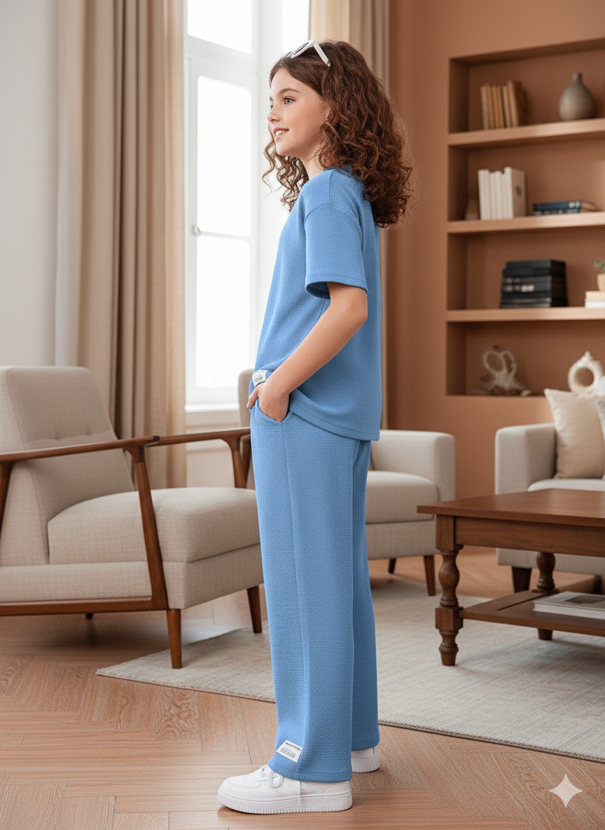 Girls T-shirt and Wide legs Pants Co-ords Set ( Light Blue )