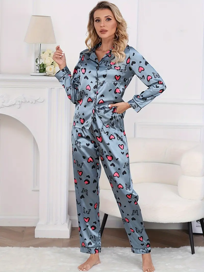 Grey Heart Printed Pajama Set