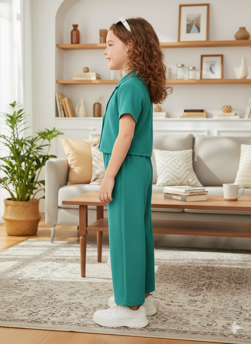 Girls Jacket and Wide legs Pants Co-ords Set ( Dark Green )