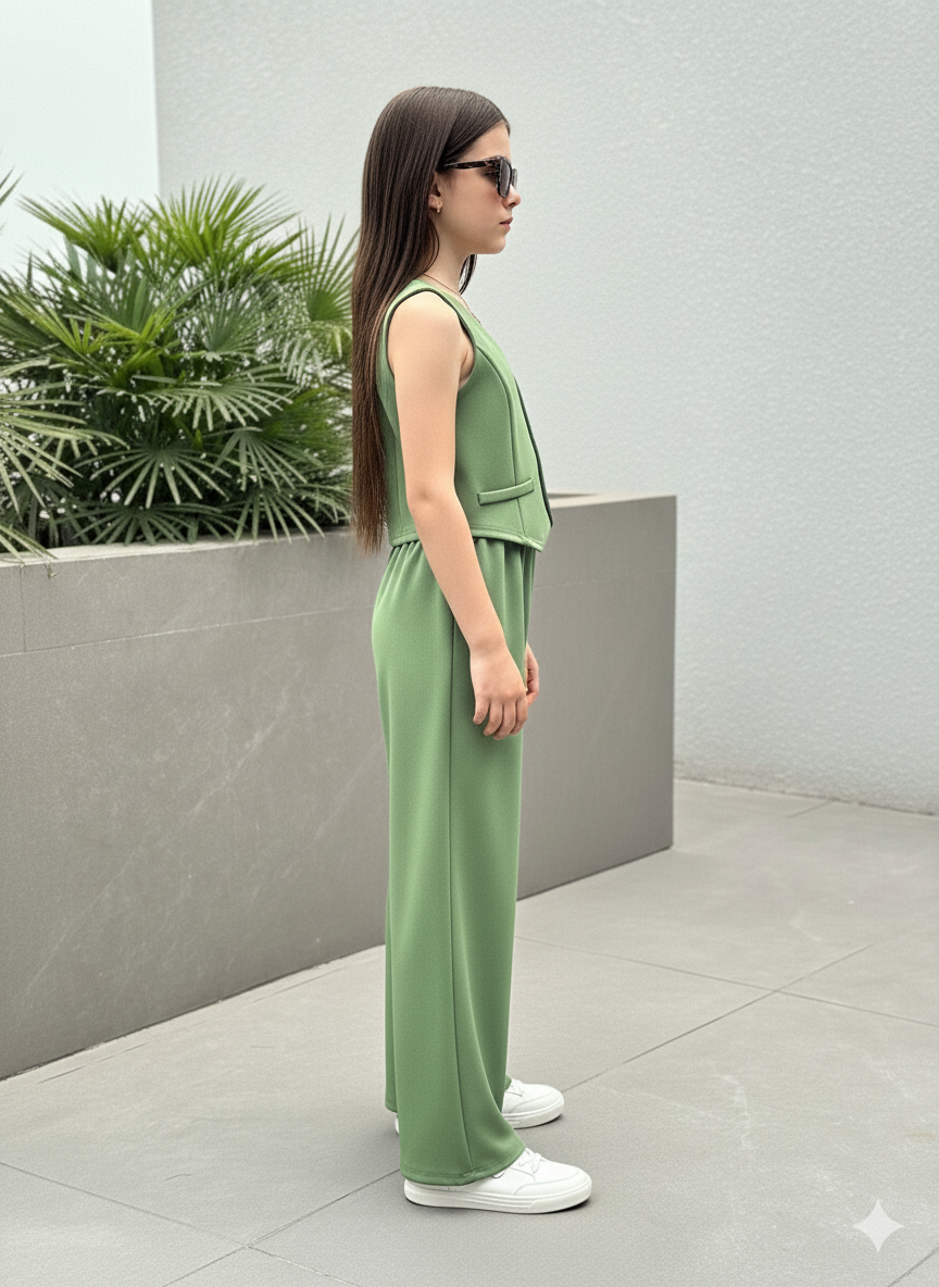 Girls Modern Solid Vest and Wide legs Pant Set ( Green )