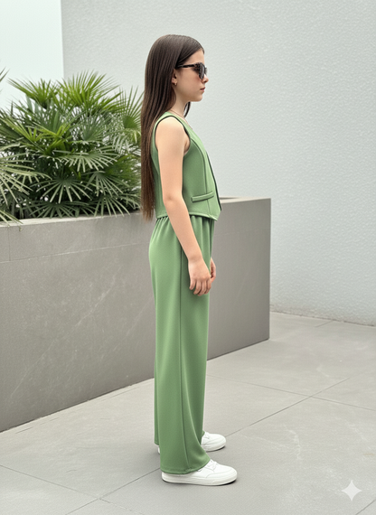 Girls Modern Solid Vest and Wide legs Pant Set ( Green )