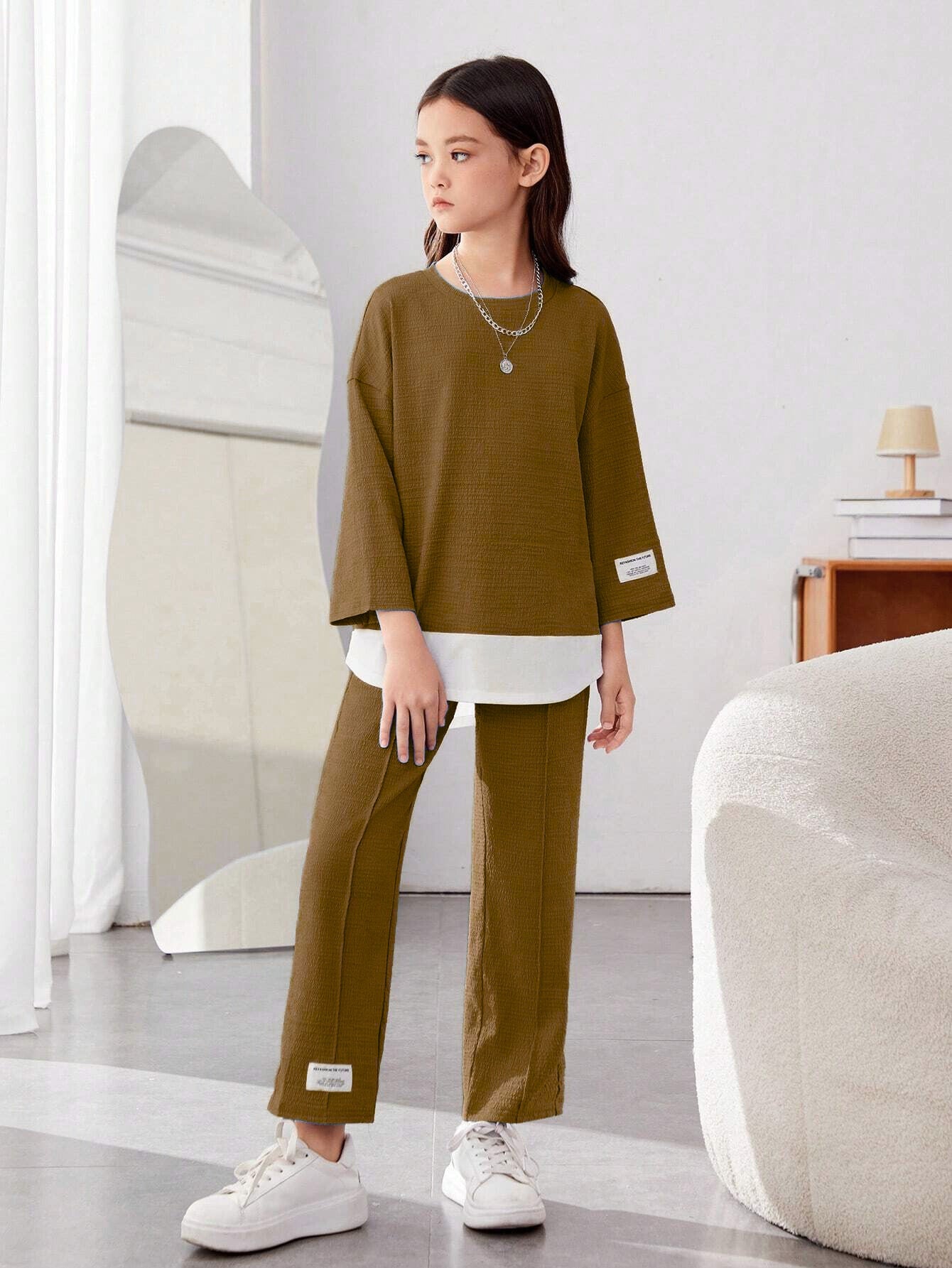 Girls Modern Oversized and  Pant Set ( Brown )