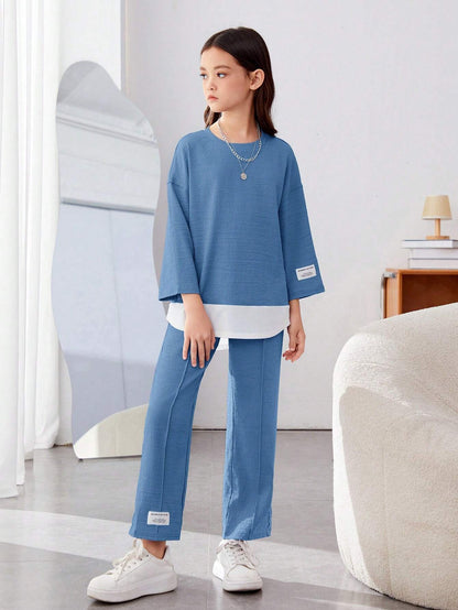 Girls Modern Oversized and  Pant Set ( Blue )