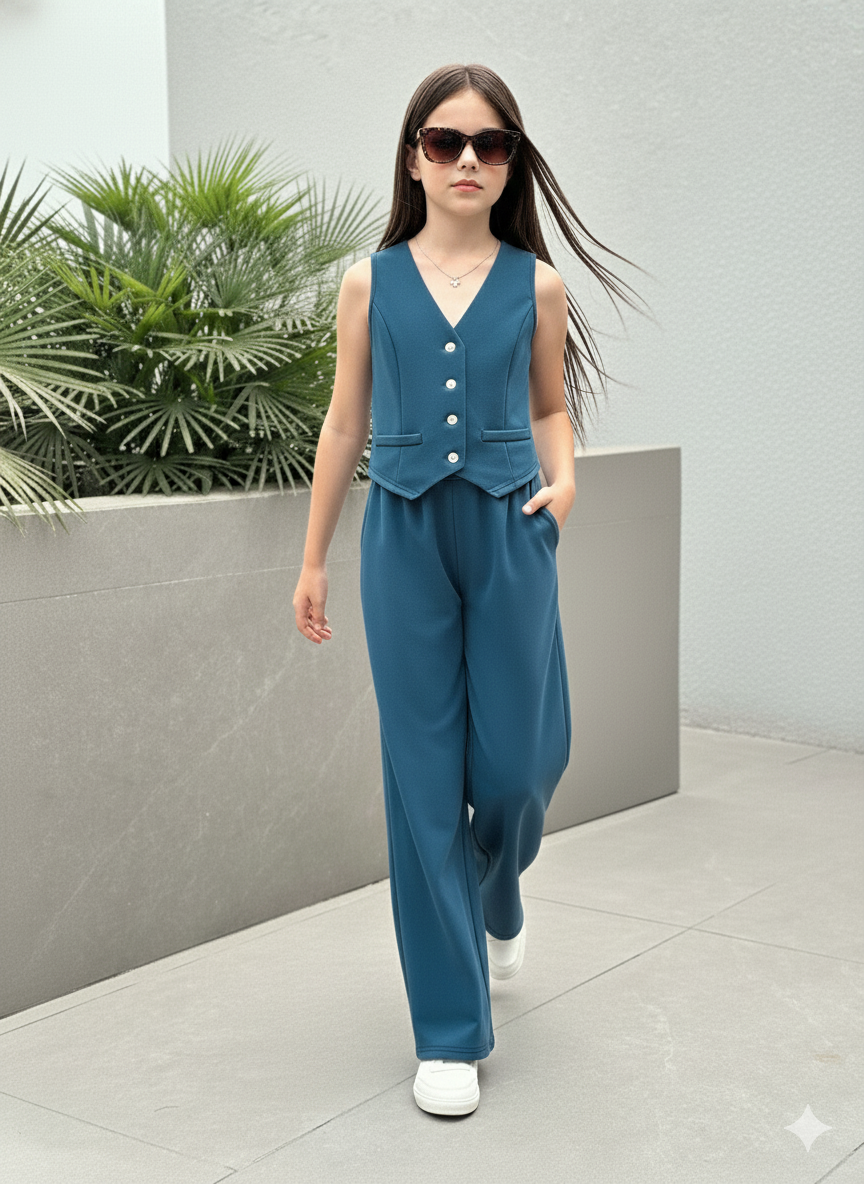 Girls Modern Solid Vest and Wide legs Pant Set ( Navy Blue )