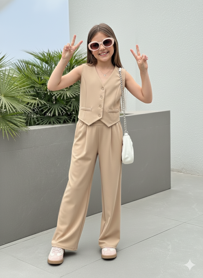 Girls Modern Solid Vest and Wide legs Pant Set ( Beige )
