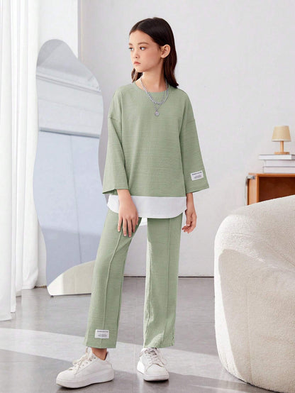 Girls Modern Oversized and  Pant Set ( Green )