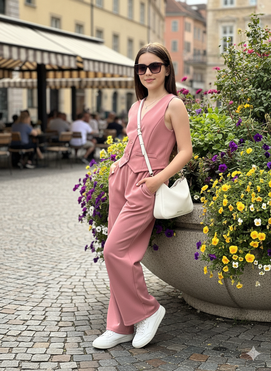 Girls Modern Solid Vest and Wide legs Pant Set ( Pink )