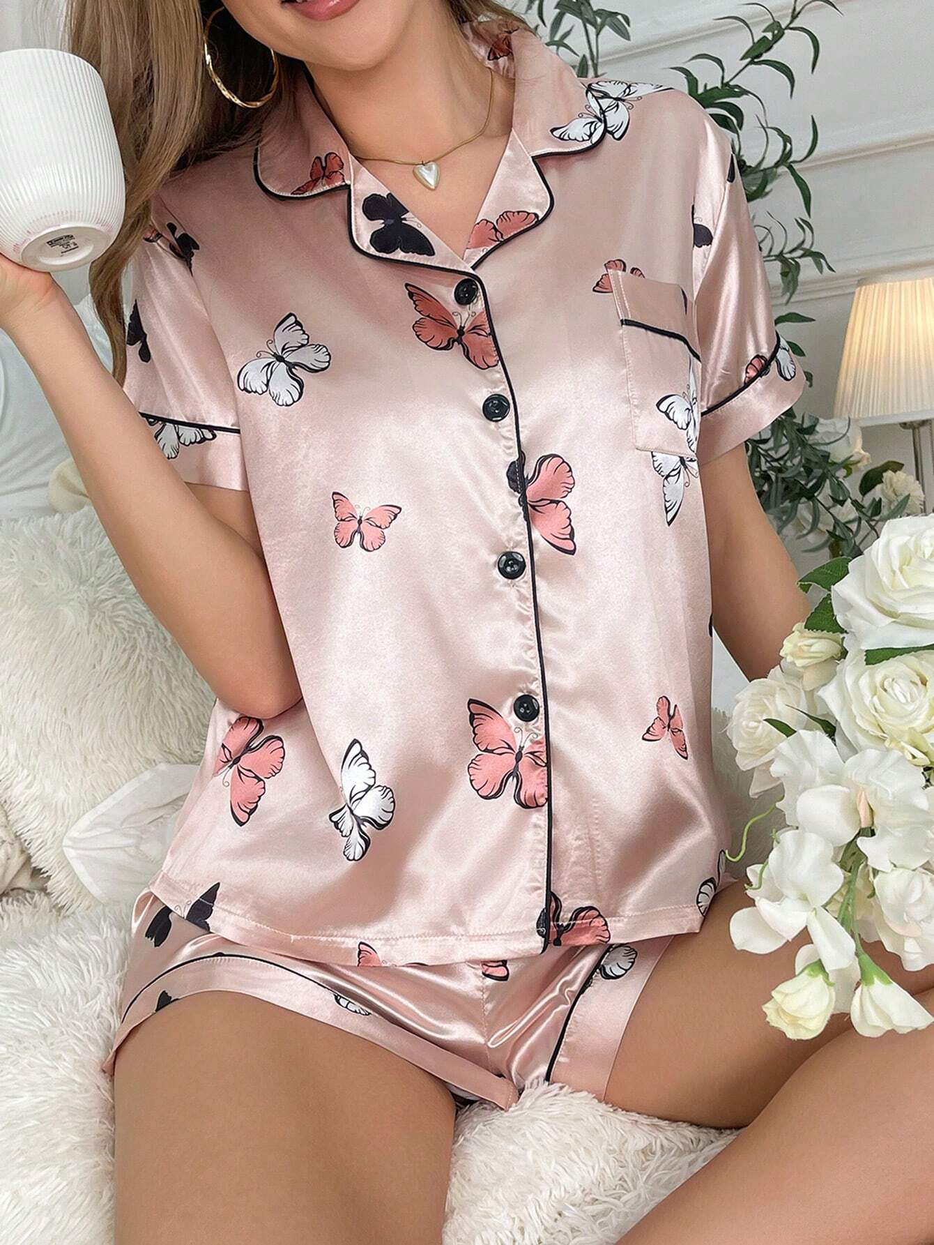 Colorful Butterflies Printed Nightsuit Set For Women