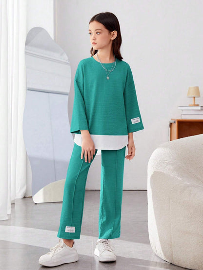 Girls Modern Oversized and  Pant Set ( Teal )