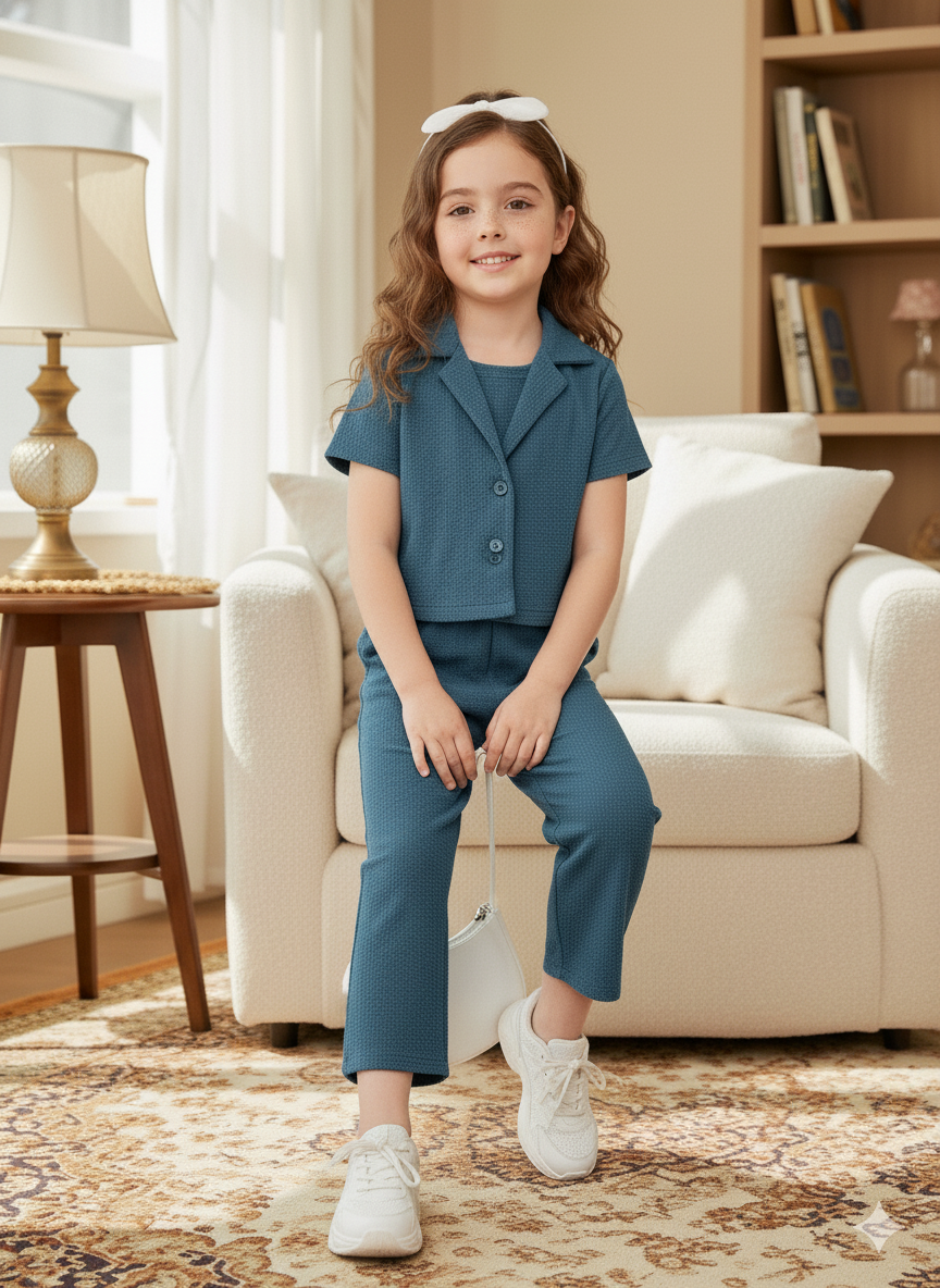 Girls Jacket and Wide legs Pants Co-ords Set ( Airforce )