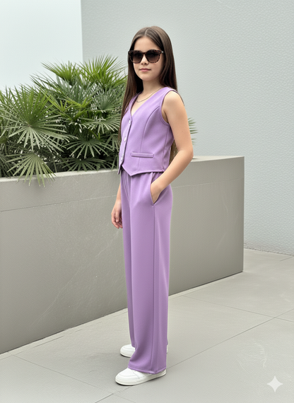 Girls Modern Solid Vest and Wide legs Pant Set ( Purple )