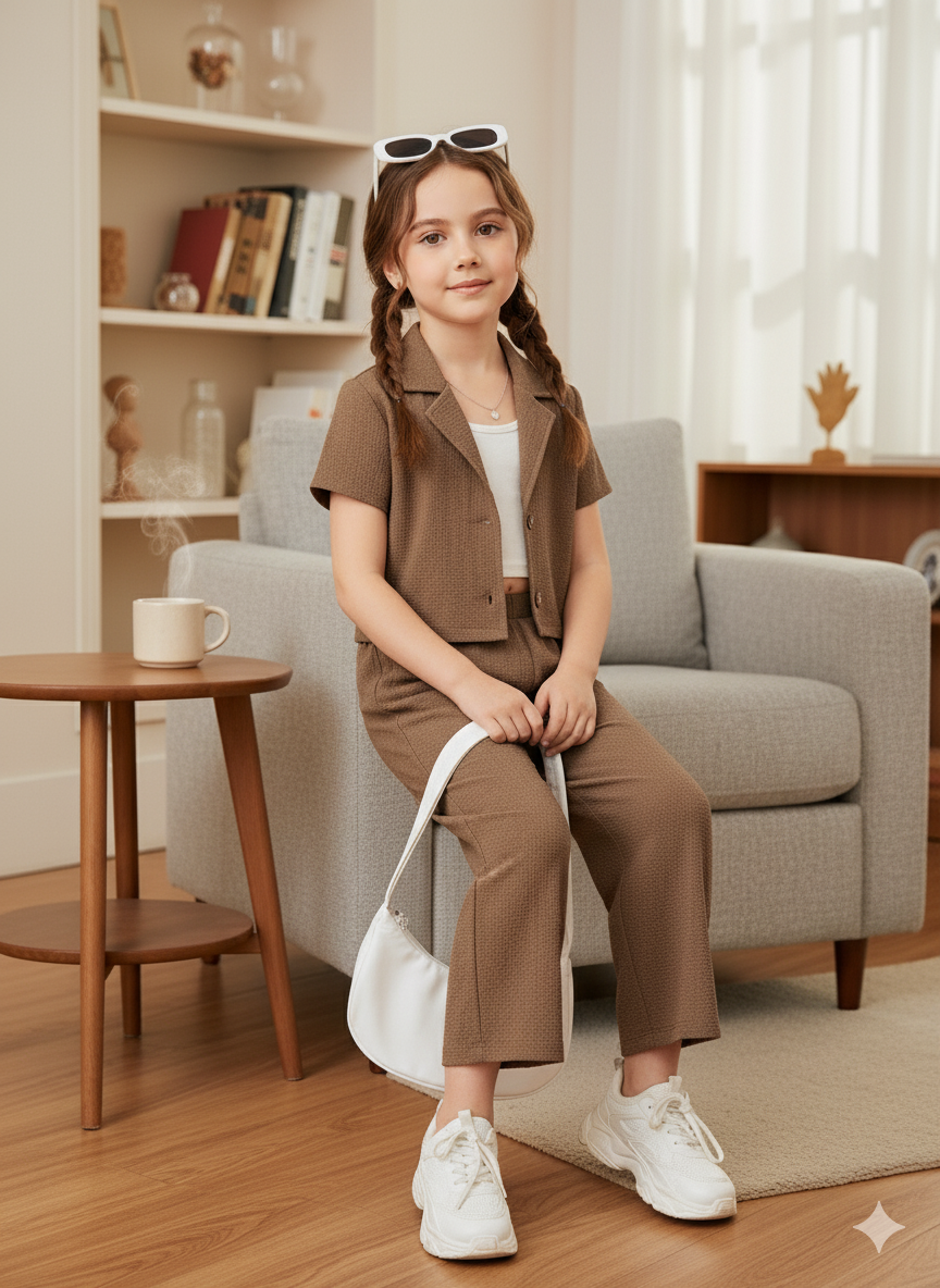 Girls Jacket and Wide legs Pants Co-ords Set ( Brown )