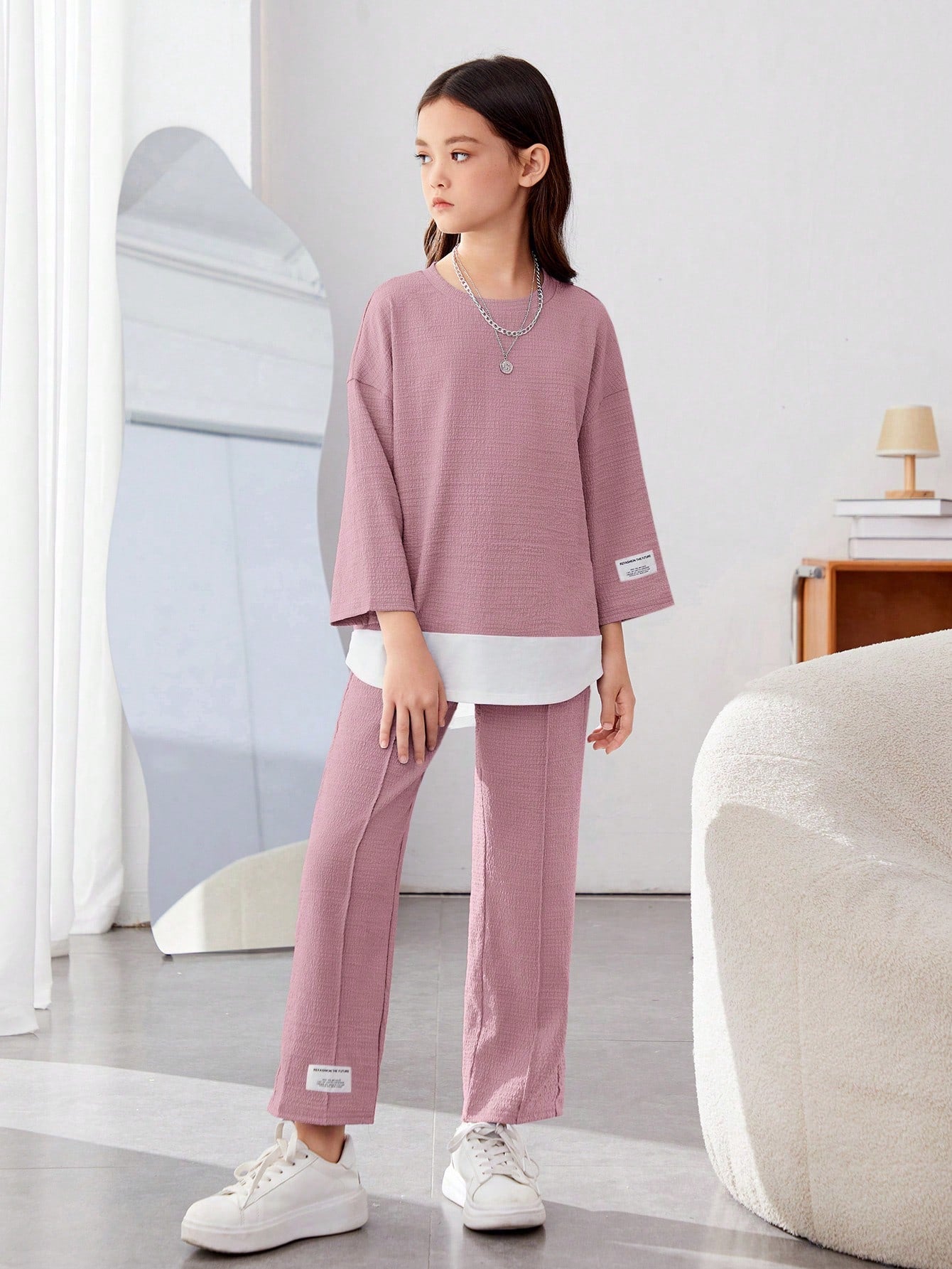 Girls Modern Oversized and  Pant Set ( Pink )