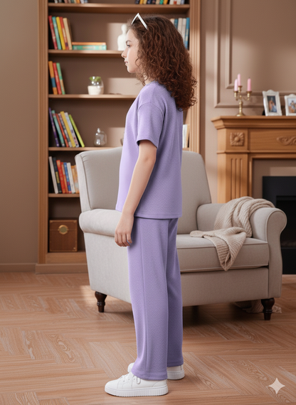 Girls T-shirt and Wide legs Pants Co-ords Set ( Purple )