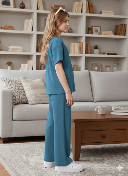 Girls T-shirt and Wide legs Pants Co-ords Set ( Airforce )