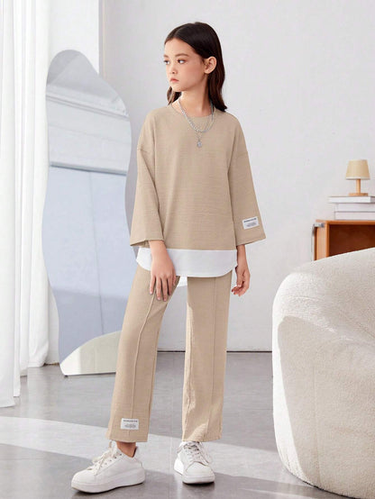 Girls Modern Oversized and  Pant Set ( Beige )
