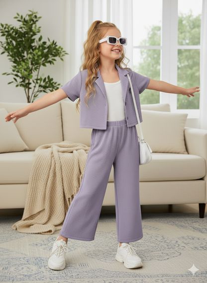 Girls Jacket and Wide legs Pants Co-ords Set ( Purple )