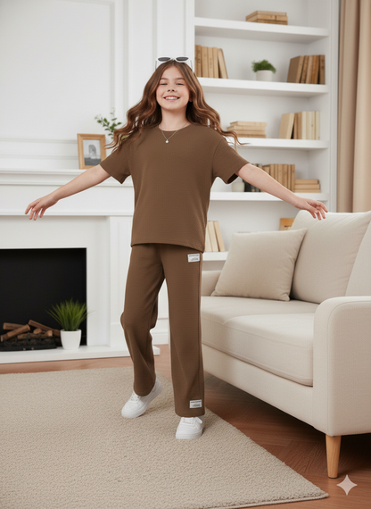 Girls T-shirt and Wide legs Pants Co-ords Set ( Brown )