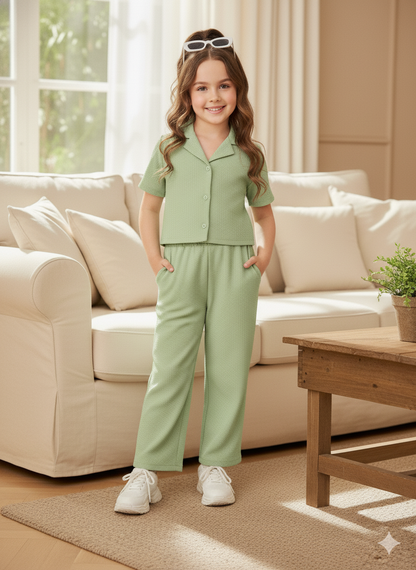 Girls Jacket and Wide legs Pants Co-ords Set ( Green )