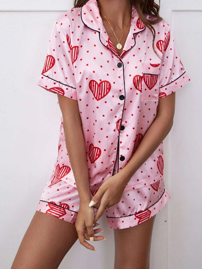 Pink Heart Printed Nightsuit Set For Women