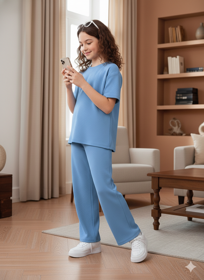 Girls T-shirt and Wide legs Pants Co-ords Set ( Light Blue )