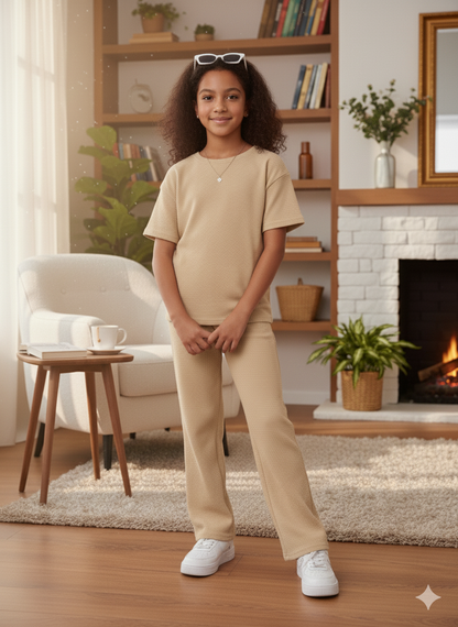 Girls T-shirt and Wide legs Pants Co-ords Set ( Beige )