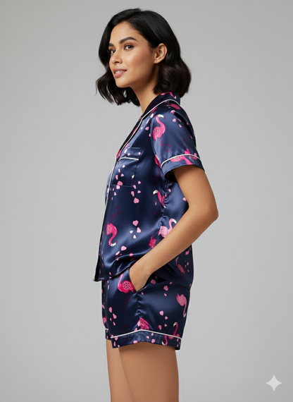 Blue Flamingo Printed Shorts Set