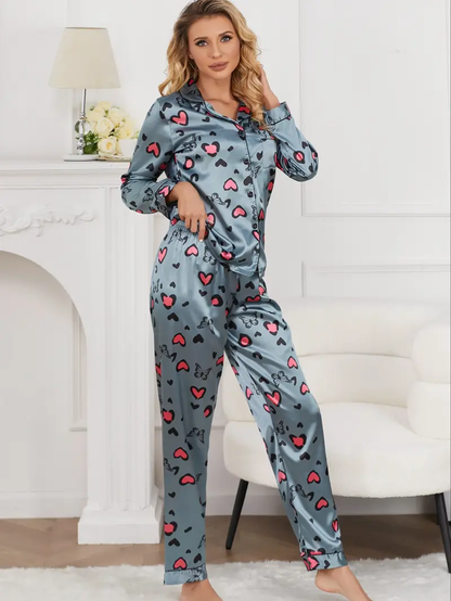 Grey Heart Printed Pajama Set