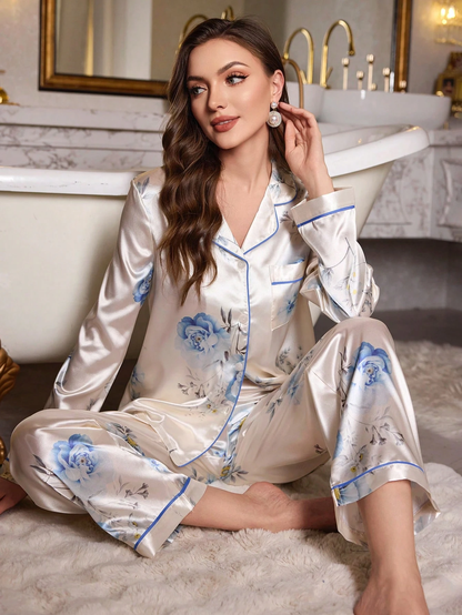 Blue Floral Printed Pajama Set
