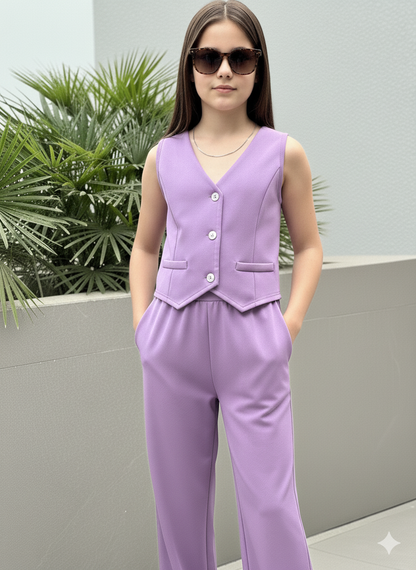 Girls Modern Solid Vest and Wide legs Pant Set ( Purple )
