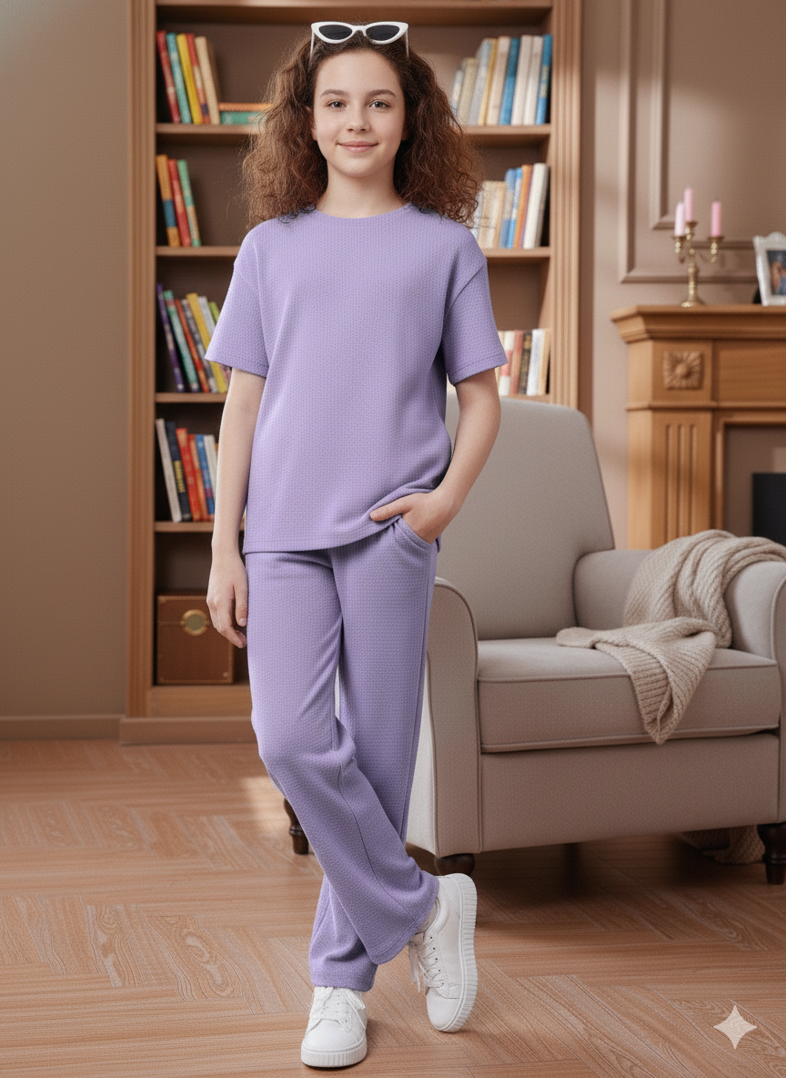Girls T-shirt and Wide legs Pants Co-ords Set ( Purple )
