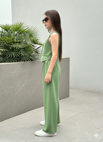 Girls Modern Solid Vest and Wide legs Pant Set ( Green )