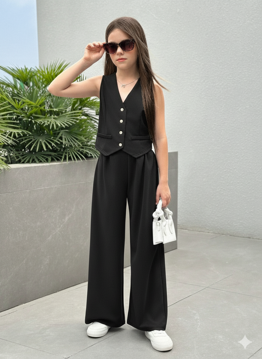 Girls Modern Solid Vest and Wide legs Pant Set ( Black )