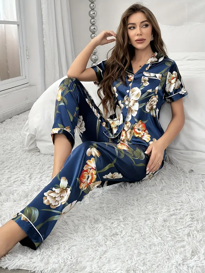 Blue Floral Printed Pajama Set