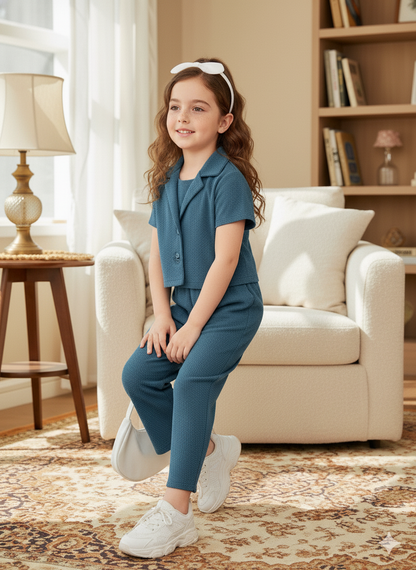 Girls Jacket and Wide legs Pants Co-ords Set ( Airforce )