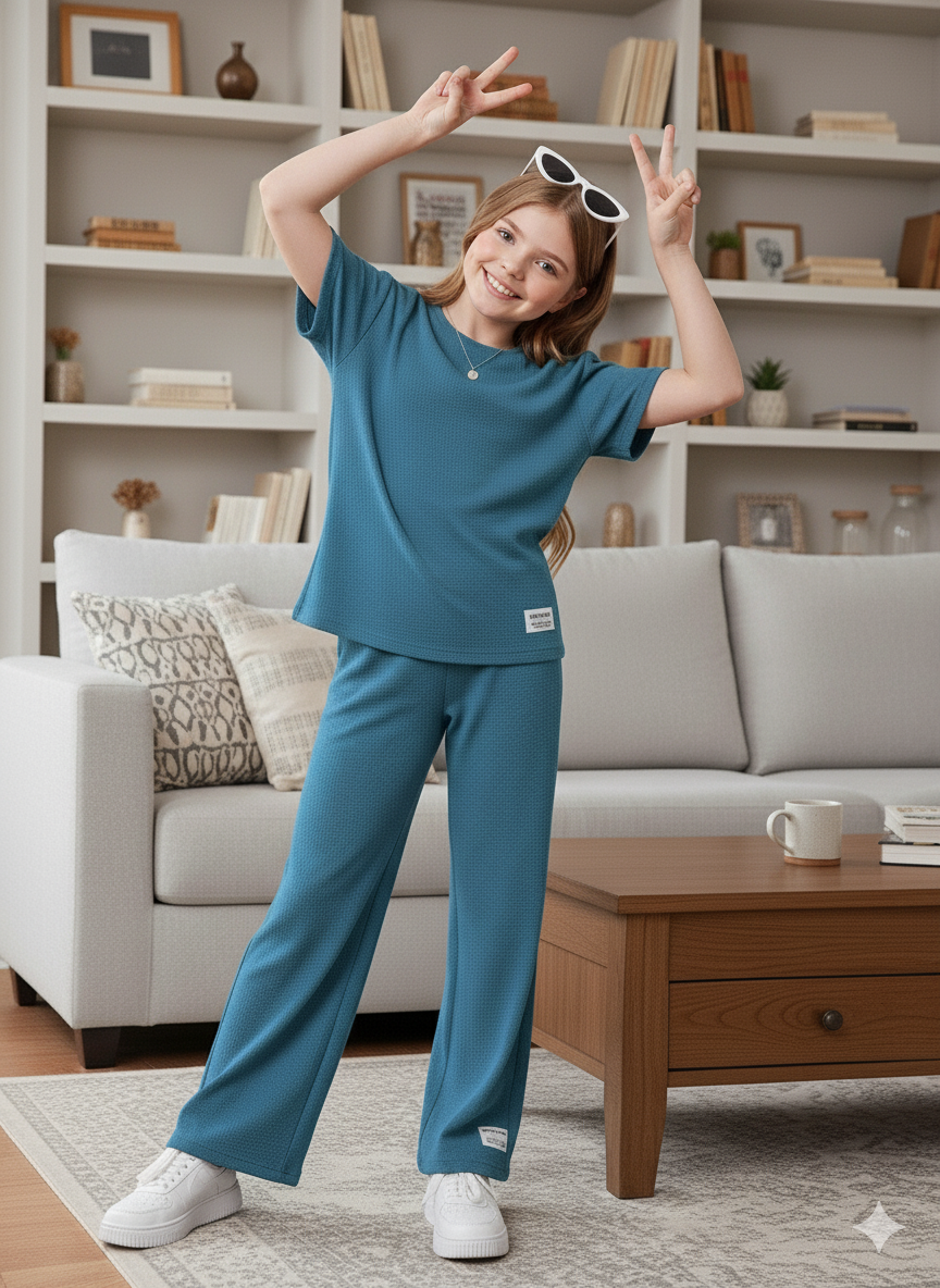 Girls T-shirt and Wide legs Pants Co-ords Set ( Airforce )