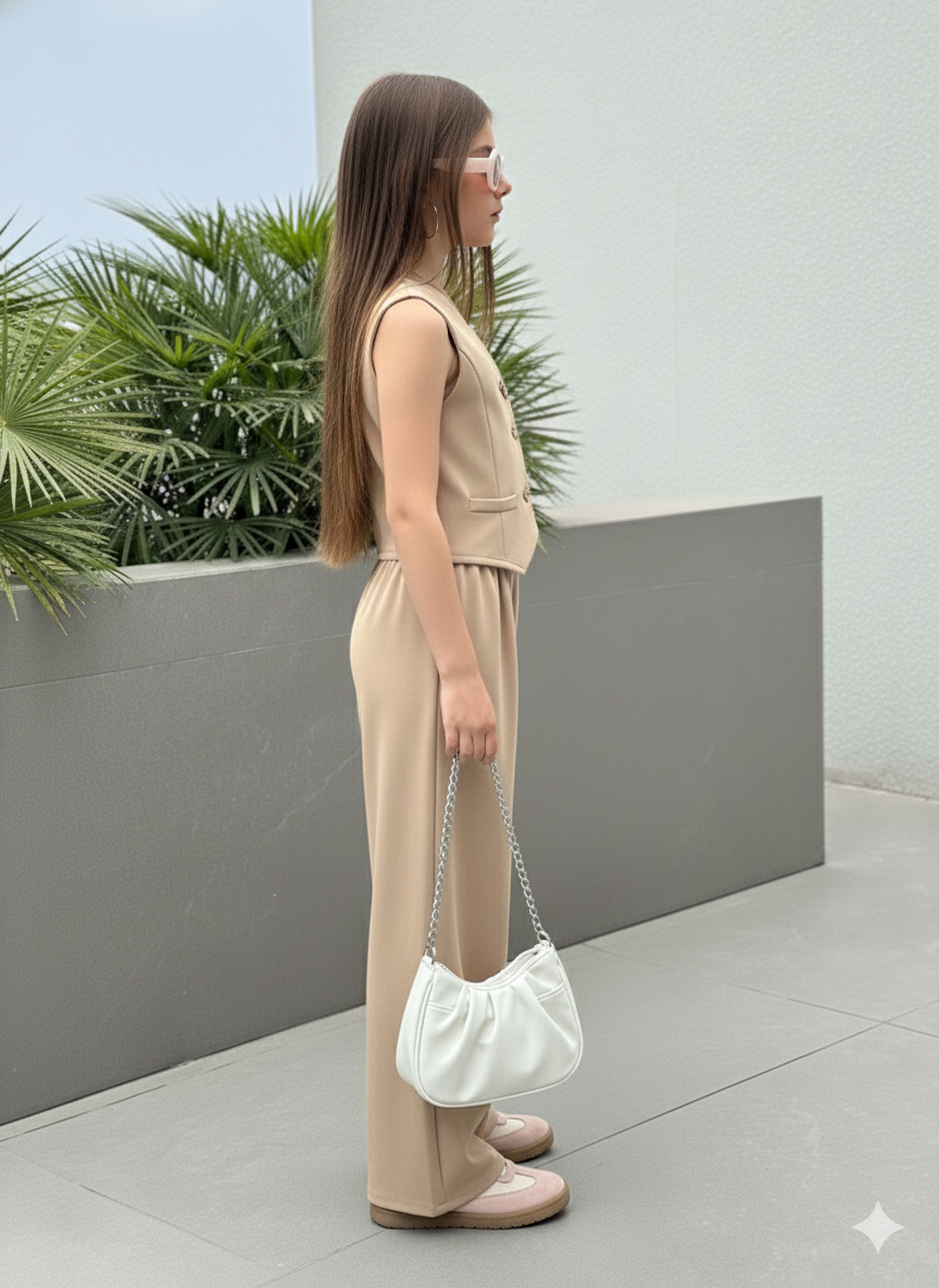 Girls Modern Solid Vest and Wide legs Pant Set ( Beige )