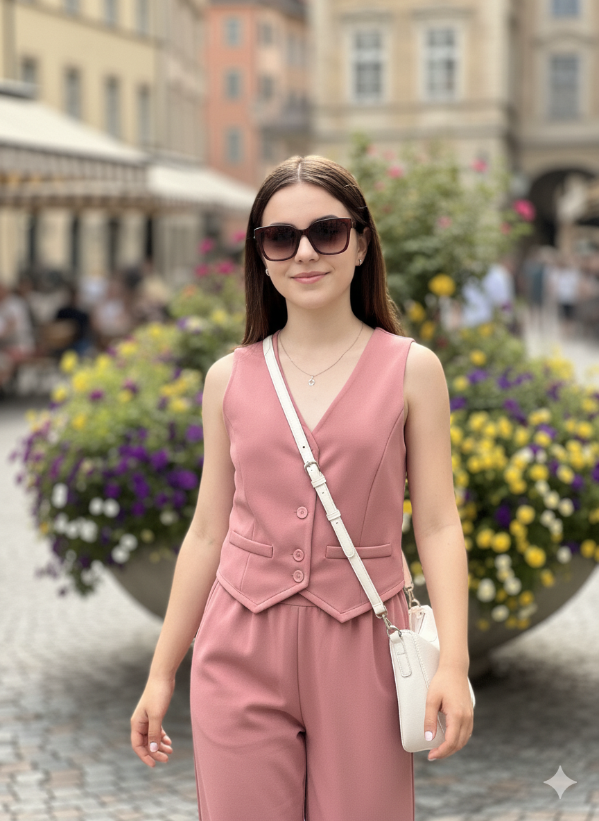 Girls Modern Solid Vest and Wide legs Pant Set ( Pink )