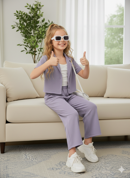 Girls Jacket and Wide legs Pants Co-ords Set ( Purple )