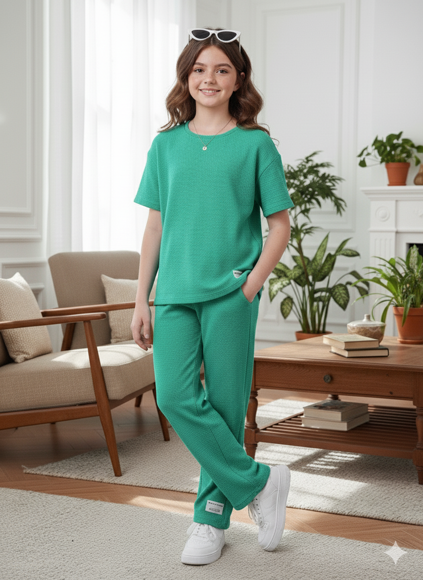 Girls T-shirt and Wide legs Pants Co-ords Set ( Dark Green )