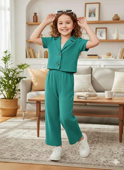 Girls Jacket and Wide legs Pants Co-ords Set ( Dark Green )