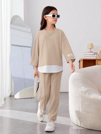 Girls Modern Oversized and  Pant Set ( Beige )