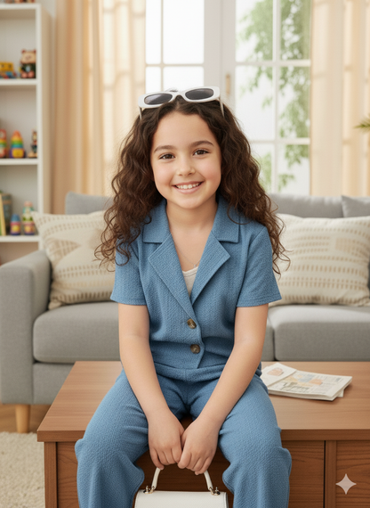 Girls Jacket and Wide legs Pants Co-ords Set ( Light Blue )