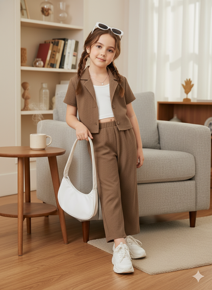 Girls Jacket and Wide legs Pants Co-ords Set ( Brown )