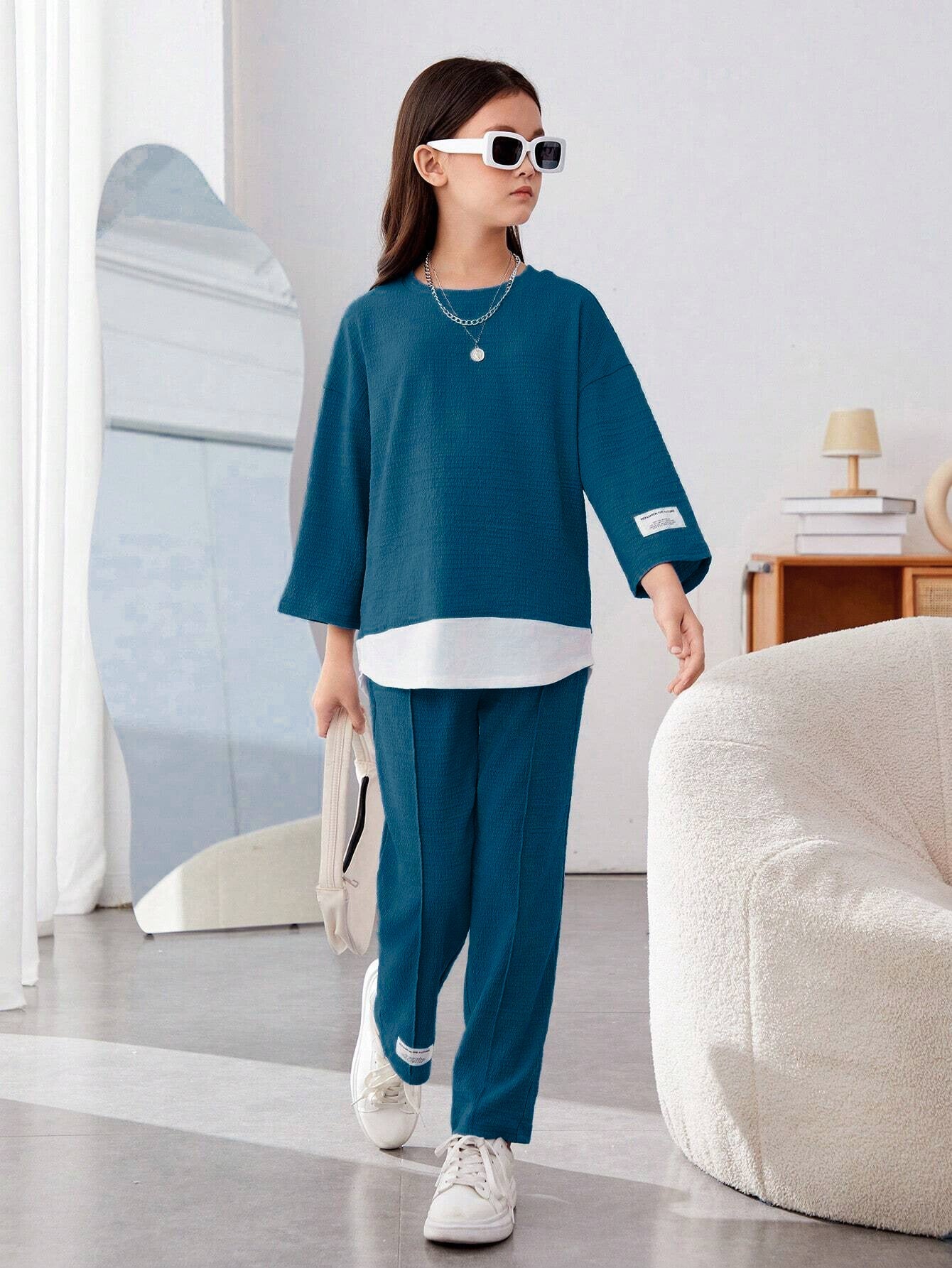Girls Modern Oversized and  Pant Set ( Navy Blue )