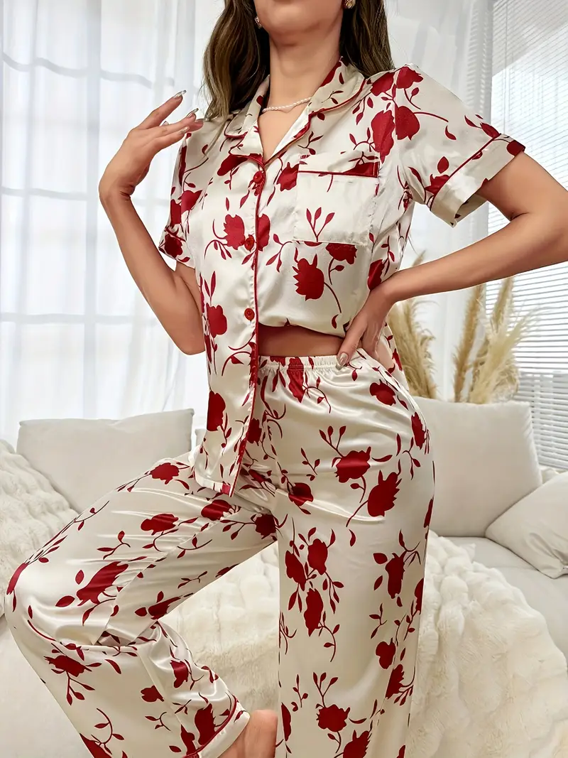 Red Floral Printed Pajama Set